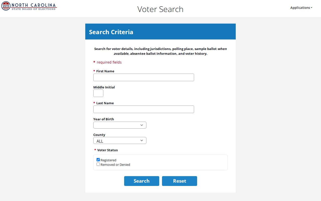 Statesville voter registration search fields in the North Carolina lookup